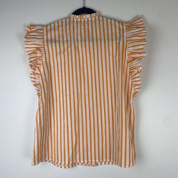 Harshman Women's Striped Ruffle Blouse Size M MISSING BUTTON Orange White - Picture 7 of 10